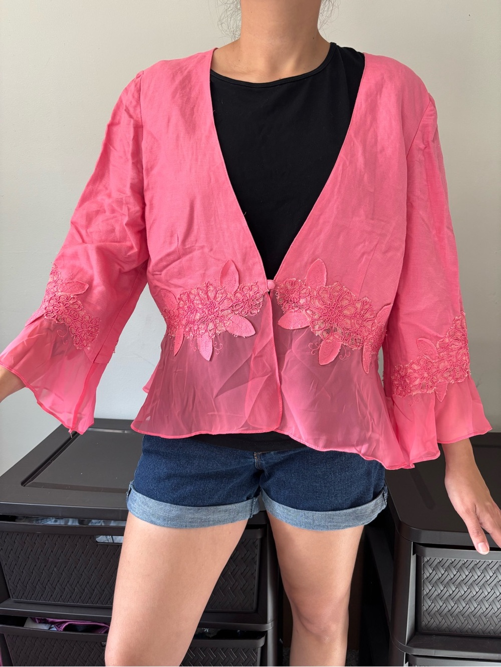 Y2K Fairycore Pink Sheer Floral Beaded Lace Embroidery Bell Sleeves Blouse Large